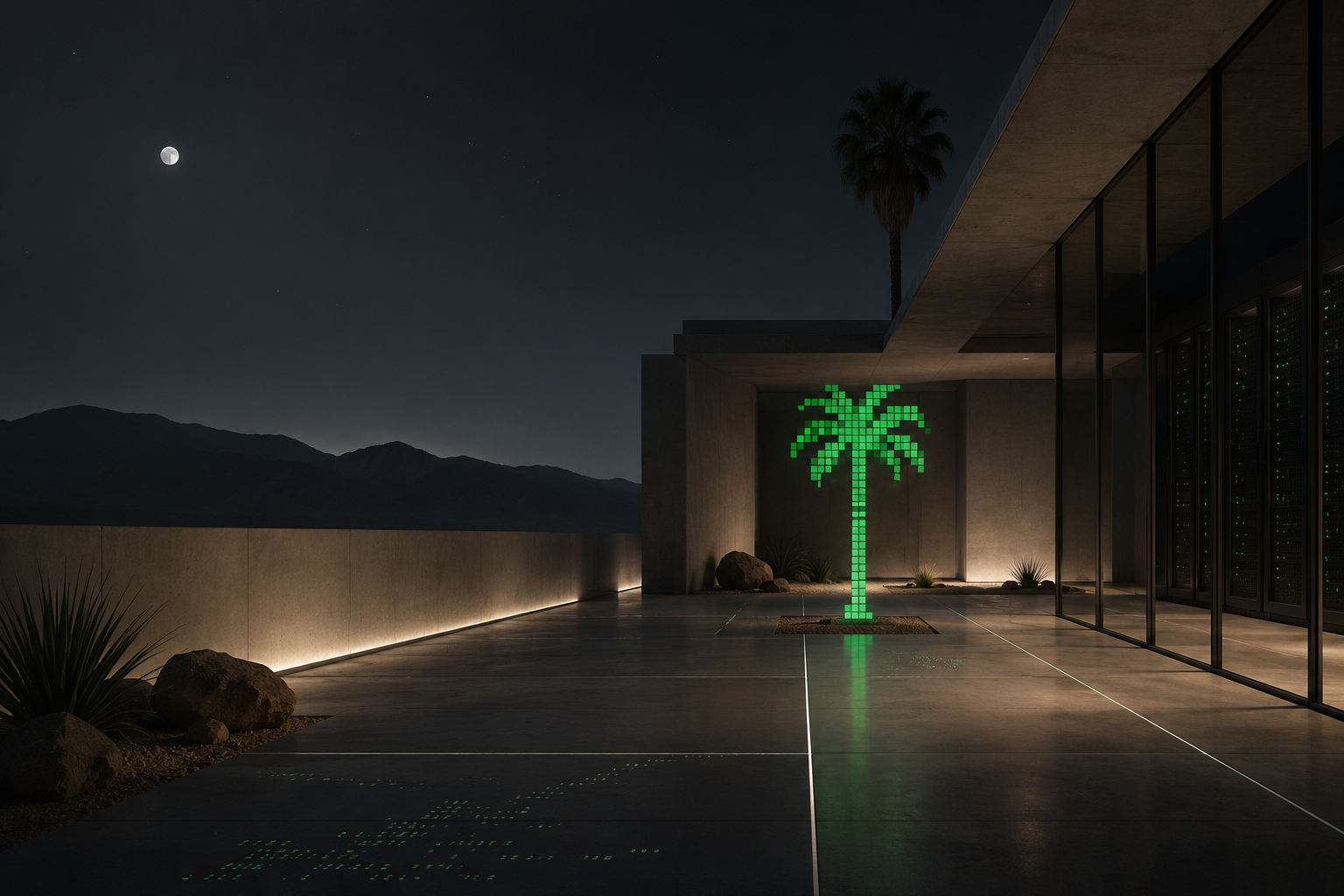 A moonlit desert-modern courtyard with a glowing green pixel palm and server-room glass walls.