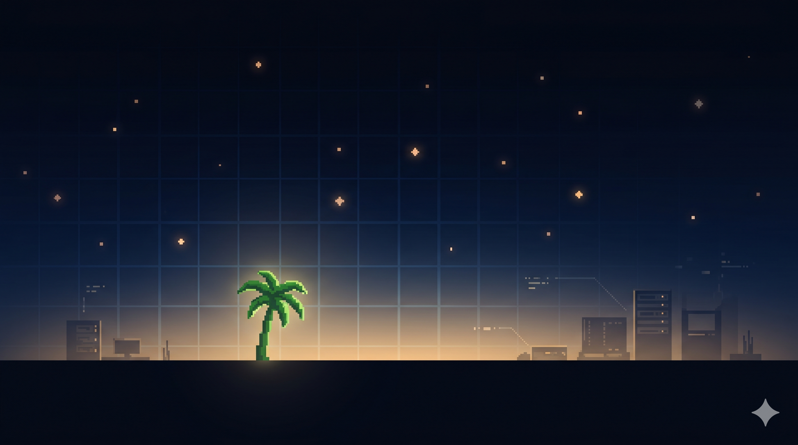 A sparse pixel-art horizon with a green palm, stars, grid lines, and distant machine silhouettes.
